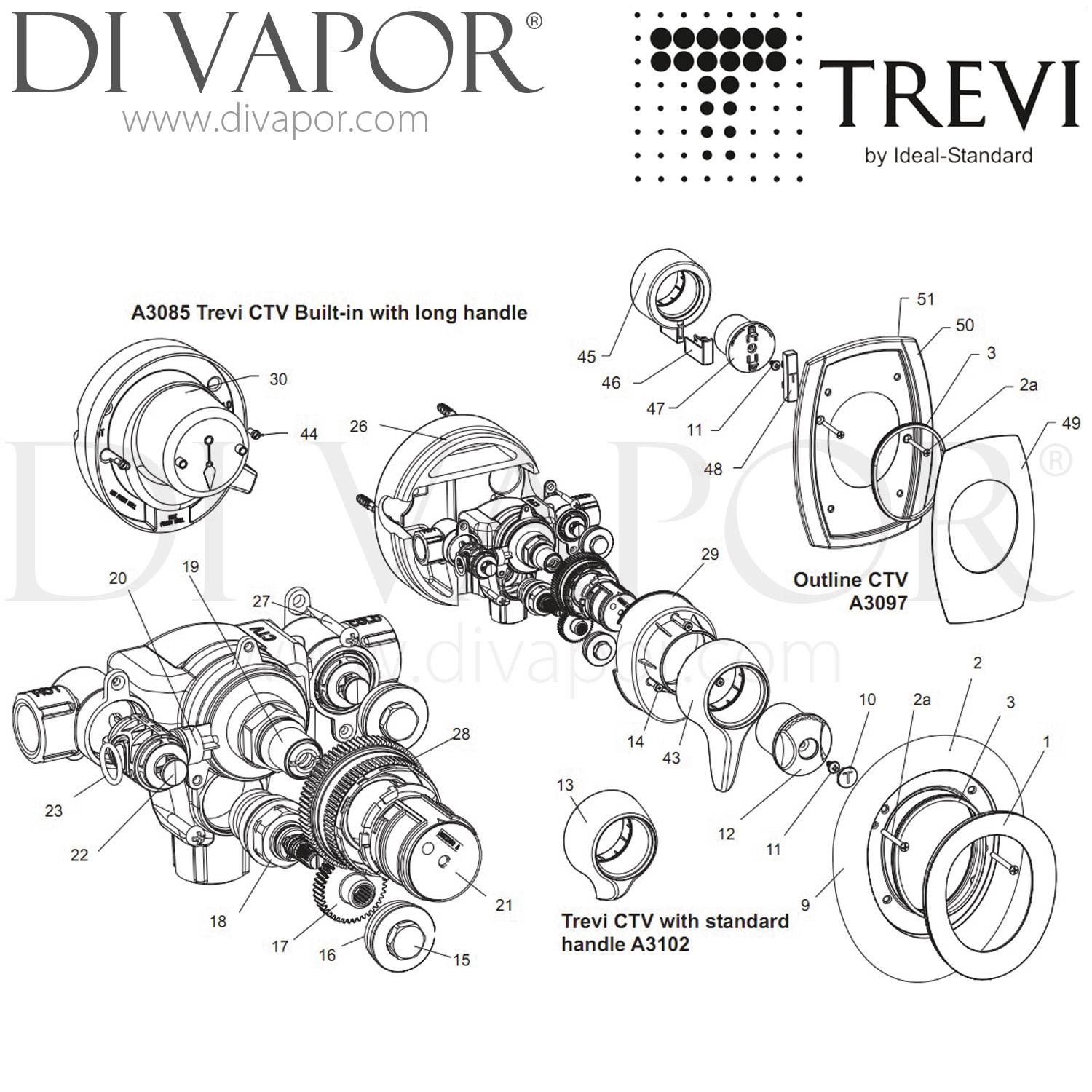 Trevi CTV Extended Lever BuiltIn Shower Valve Spare Parts IDL DV 343